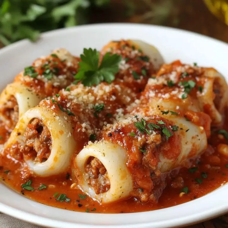 Blekksprut fylt med kjøtt og tomatsaus