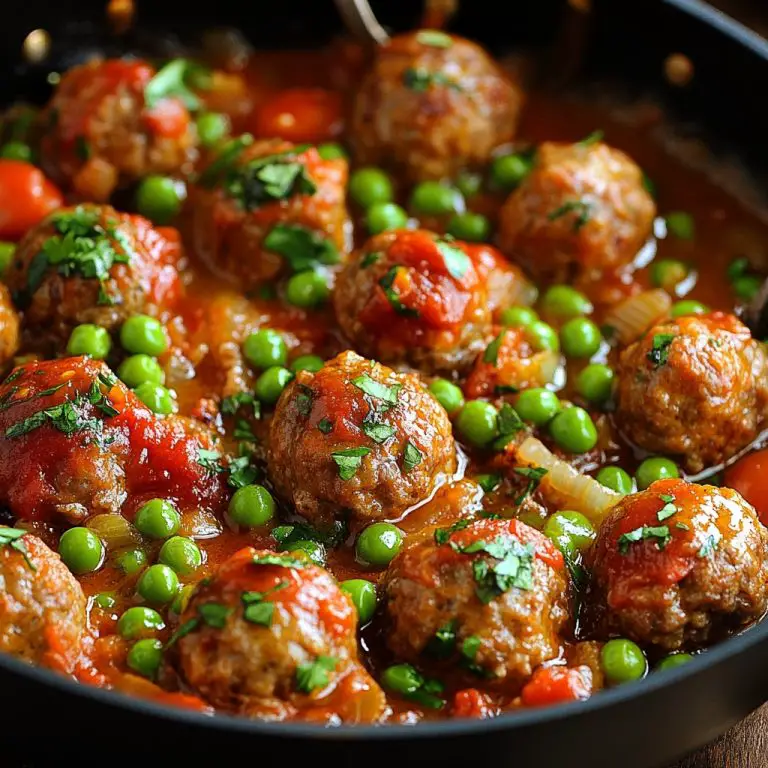 Oksekjøttboller kokt med erter og tomater